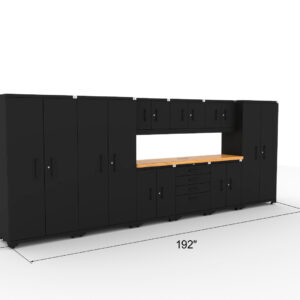 CAT garage storage cabinet set with 3 lockers, 3 wall cabinets, 2 base cabinets, 1 tool cabinet and 84 inch worktop