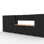 CAT garage storage cabinet set with 3 lockers, 3 wall cabinets, 2 base cabinets, 1 tool cabinet and 84 inch worktop