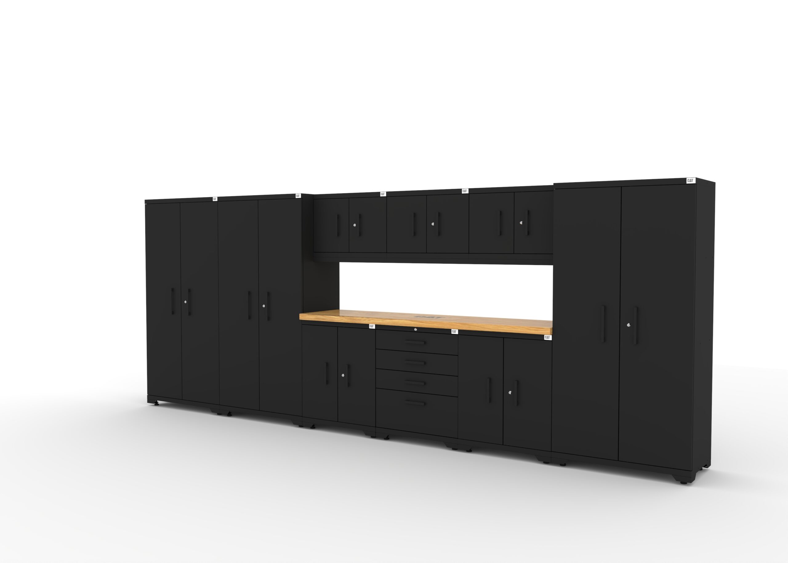 CAT-FWSETZ_left CAT garage storage cabinet set with 3 lockers, 3 wall cabinets, 2 base cabinets, 1 tool cabinet and 84 inch worktop
