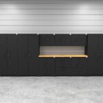 CAT garage storage cabinet set with 3 lockers, 3 wall cabinets, 2 base cabinets, 1 tool cabinet and 84 inch worktop