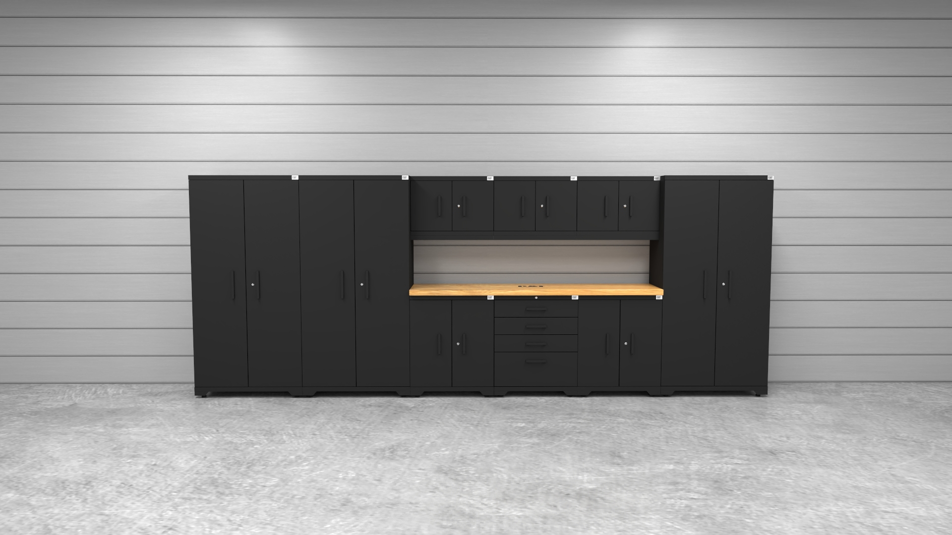 CAT-FWSETZ_lifestyle CAT garage storage cabinet set with 3 lockers, 3 wall cabinets, 2 base cabinets, 1 tool cabinet and 84 inch worktop