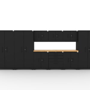 CAT garage storage cabinet set with 3 lockers, 3 wall cabinets, 2 base cabinets, 1 tool cabinet and 84 inch worktop