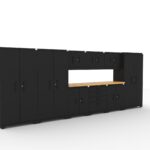 CAT garage storage cabinet set with 3 lockers, 3 wall cabinets, 2 base cabinets, 1 tool cabinet and 84 inch worktop