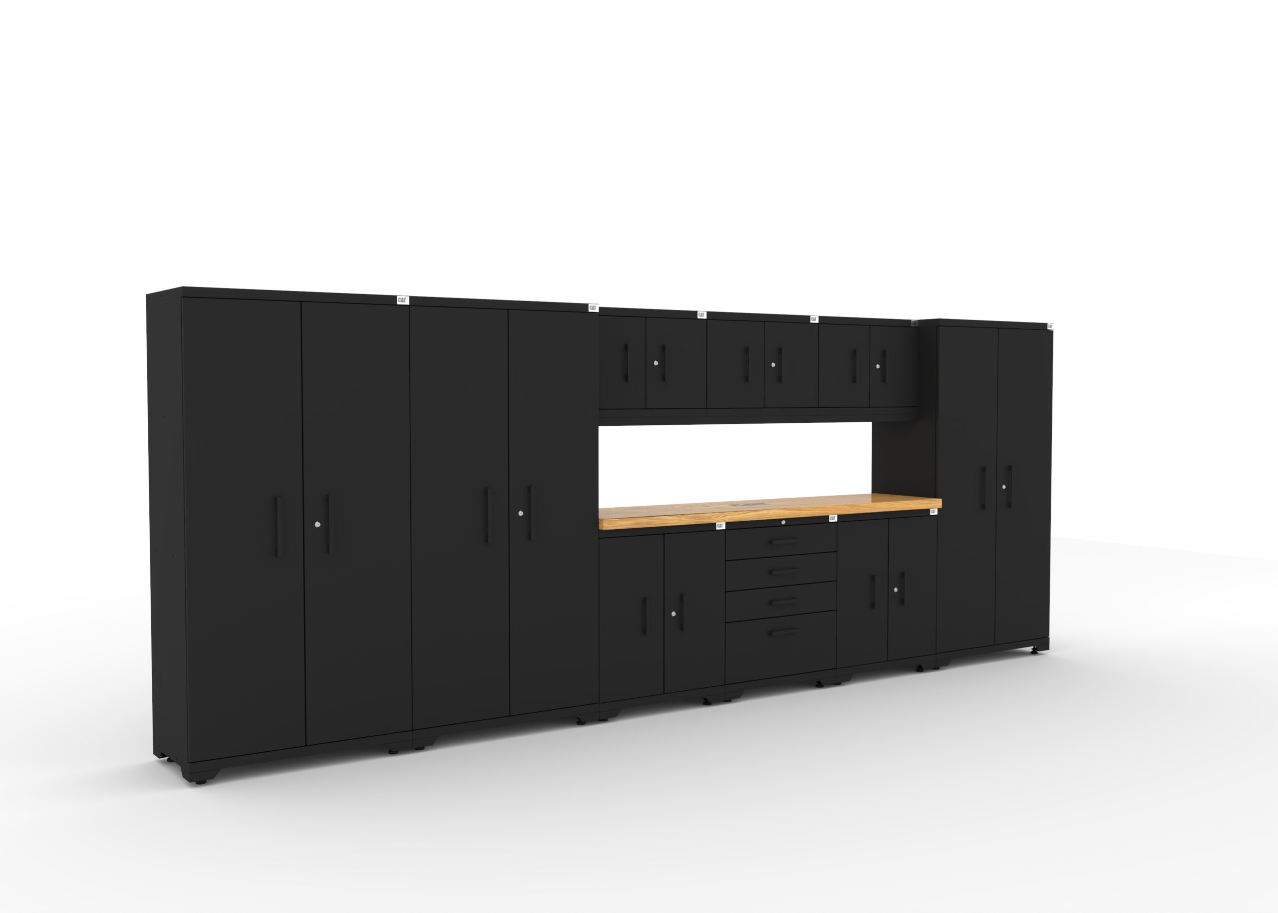 CAT-FWSETZ_right CAT garage storage cabinet set with 3 lockers, 3 wall cabinets, 2 base cabinets, 1 tool cabinet and 84 inch worktop