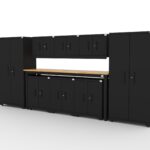 CAT fully-welded garage storage cabinets with 2 lockers, 3 wall cabinets and 2 base cabinets