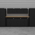 CAT fully-welded garage storage cabinets with 2 lockers, 3 wall cabinets and 2 base cabinets