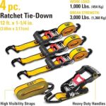 CAT 4-piece 12ft Ratchet Tie Down Set with Rubber-Coated Hooks – 1,000lb Work Capacity
