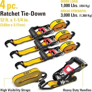 CAT 4-piece 12ft Ratchet Tie Down Set with Rubber-Coated Hooks – 1,000lb Work Capacity