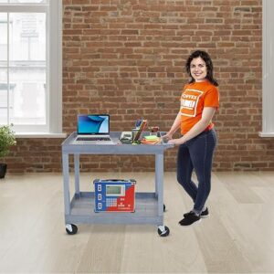 Luxor 2-Shelf Plastic Utility Cart with Spacious Tub Shelves - 300lb Weight Capacity - Grey