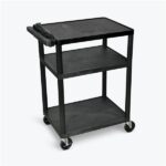 Luxor 3-Shelf Plastic Utility Cart with Flat Shelves, 3-outlets and 15' cord - 300lb Weight Capacity - Black