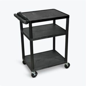 Luxor 3-Shelf Plastic Utility Cart with Flat Shelves, 3-outlets and 15' cord - 300lb Weight Capacity - Black
