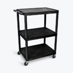 Luxor 3-Shelf Plastic Utility Cart with Flat Shelves, 3-outlets and 15' cord - 300lb Weight Capacity - Black