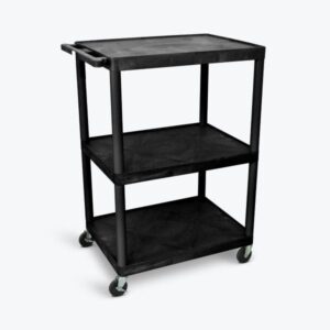 Luxor 3-Shelf Plastic Utility Cart with Flat Shelves, 3-outlets and 15' cord - 300lb Weight Capacity - Black
