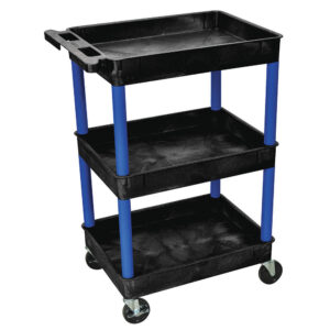 Luxor 3-Shelf Plastic Utility Cart with Spacious Tub Shelves Black with Blue Legs