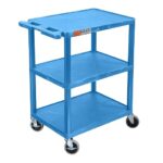 Luxor 34inch 3-Shelf Plastic Utility Cart with Flat Shelves - 300lb Weight Capacity - Blue