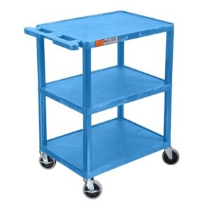 Luxor 34inch 3-Shelf Plastic Utility Cart with Flat Shelves - 300lb Weight Capacity - Blue