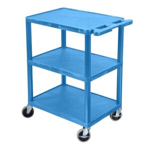 Luxor 34inch 3-Shelf Plastic Utility Cart with Flat Shelves - 300lb Weight Capacity - Blue