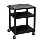 Luxor 34inch 3-Shelf Plastic Utility Cart with Flat Shelves and Electrical Outlet - 300lb Weight Capacity - Black