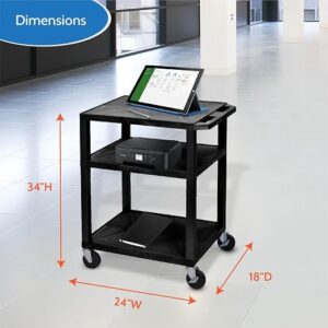 Luxor 34inch 3-Shelf Plastic Utility Cart with Flat Shelves and Electrical Outlet - 300lb Weight Capacity - Black
