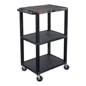 Luxor 42inch 3-Shelf Heavy Duty Plastic Utility Cart with 3 Flat Shelves – 300lb Weight Capacity – Black – 24 x 18