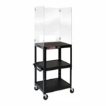 Luxor Adjustable-Height 3-Shelf Steel AV Cart with Acrylic Sneeze Guard