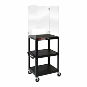Luxor Adjustable-Height 3-Shelf Steel AV Cart with Acrylic Sneeze Guard